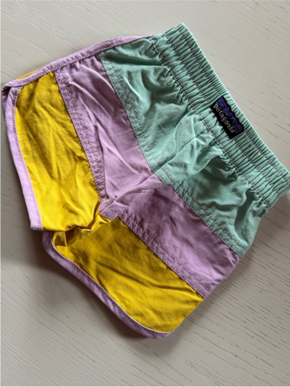 Patagonia Kids Colorblock Shorts in Mint, Lavender & Yellow
